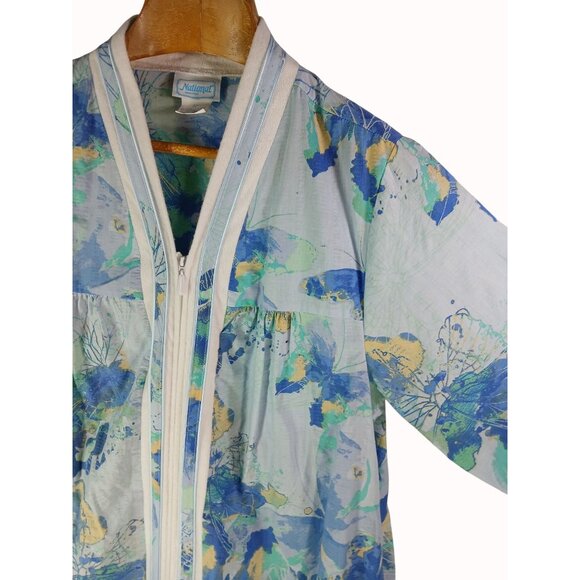 National Womens Zip Front Housecoat Robe 1X Blue Floral Butterfly Cozy Lounge - Picture 5 of 11